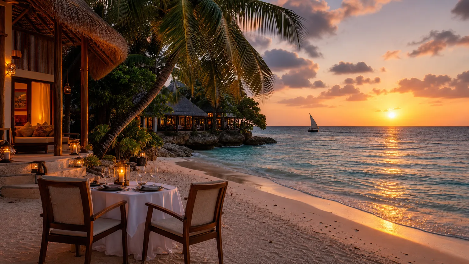 Jantar romântico numa praia de Zanzibar ao pôr do sol